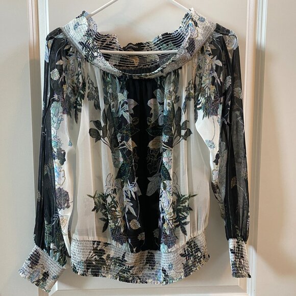 Bebe Off Shoulder Sheer Multicolor Floral Top Size Medium - Picture 2 of 6